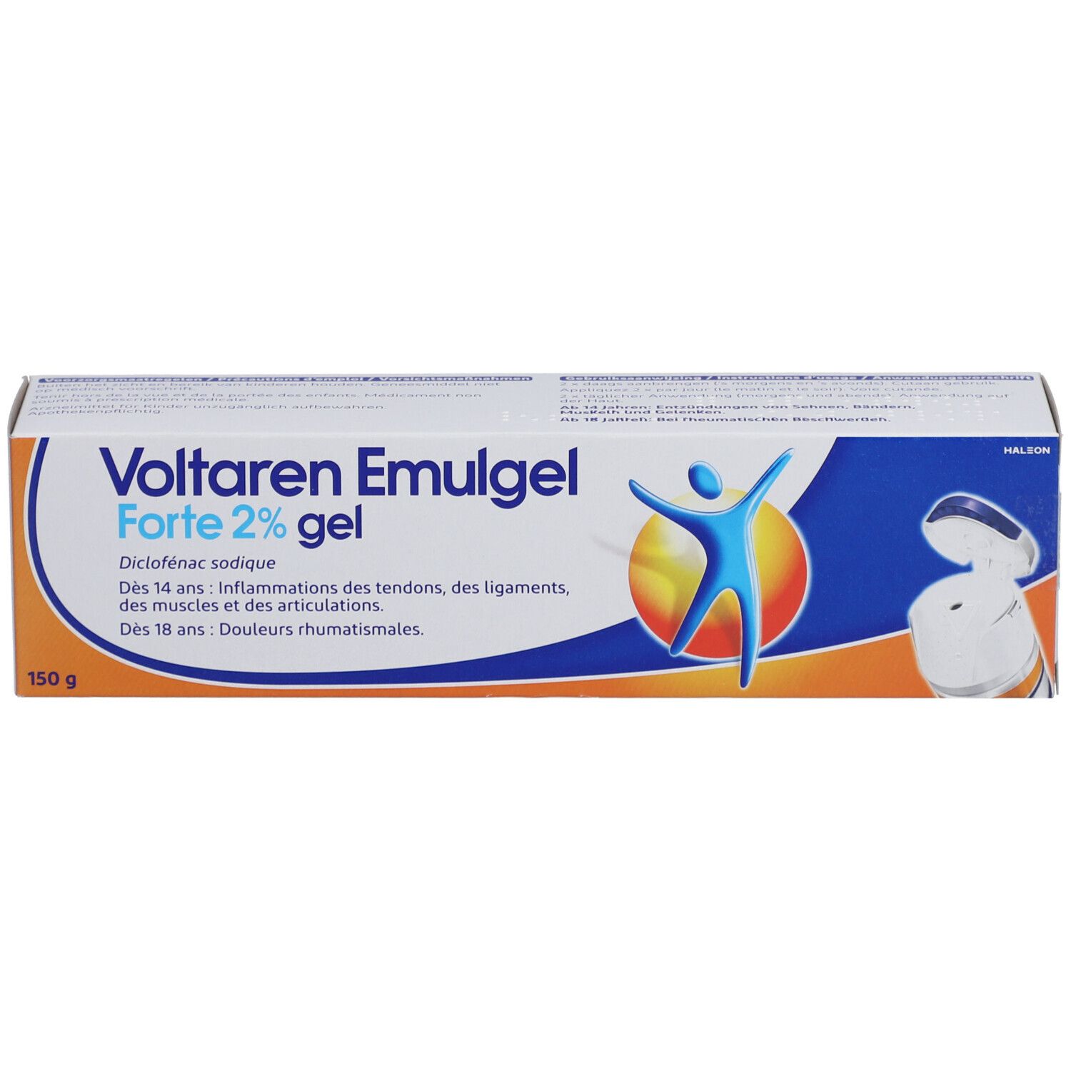 Boîte de Voltaren Emulgel Forte 2% gel. Emballage bleu, orange et blanc. Texte.
