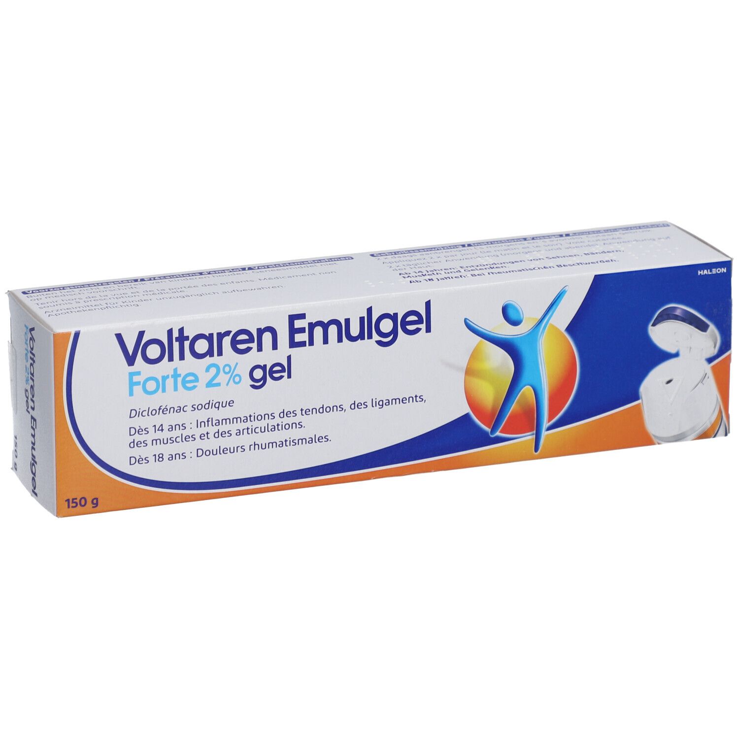 Boîte de Voltaren Emulgel Forte 2% gel. Emballage bleu, orange et blanc. Texte.