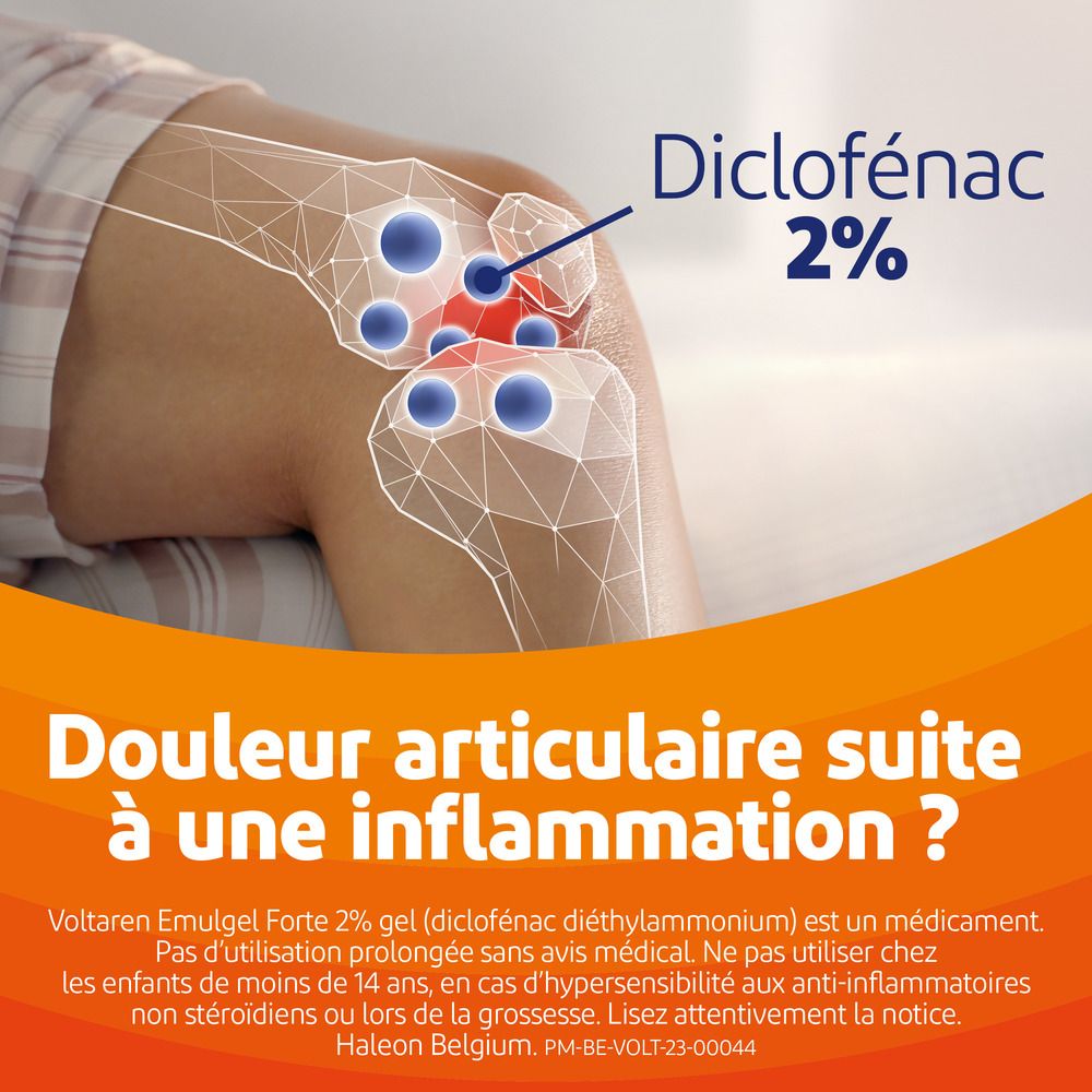 Genou avec marquages. Texte : Diclofénac 2%. Question : Douleur articulaire suite à une inflammation ?