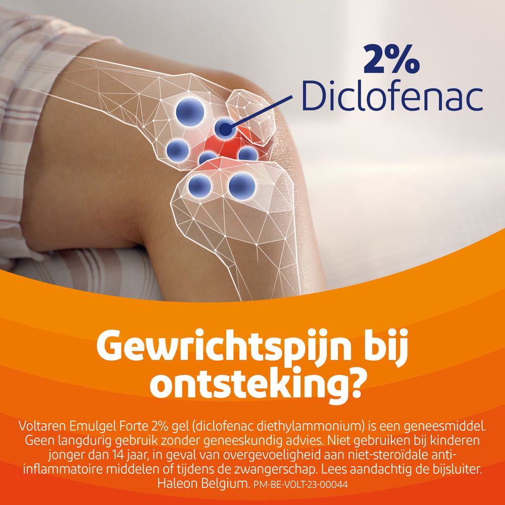 Knie met markeringen. Tekst: Diclofenac 2%. Vraag: Gewrichtspijn bij ontsteking?