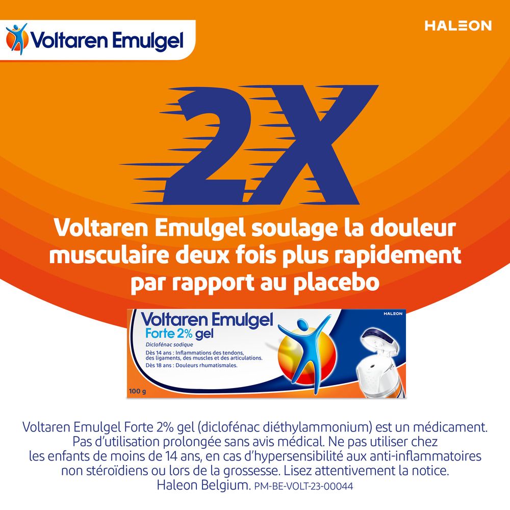 Texte : Voltaren Emulgel soulage la douleur musculaire deux fois plus rapidement.