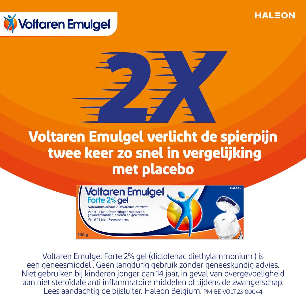 Tekst: Voltaren Emulgel verlicht de spierpijn twee keer zo snel als placebo.