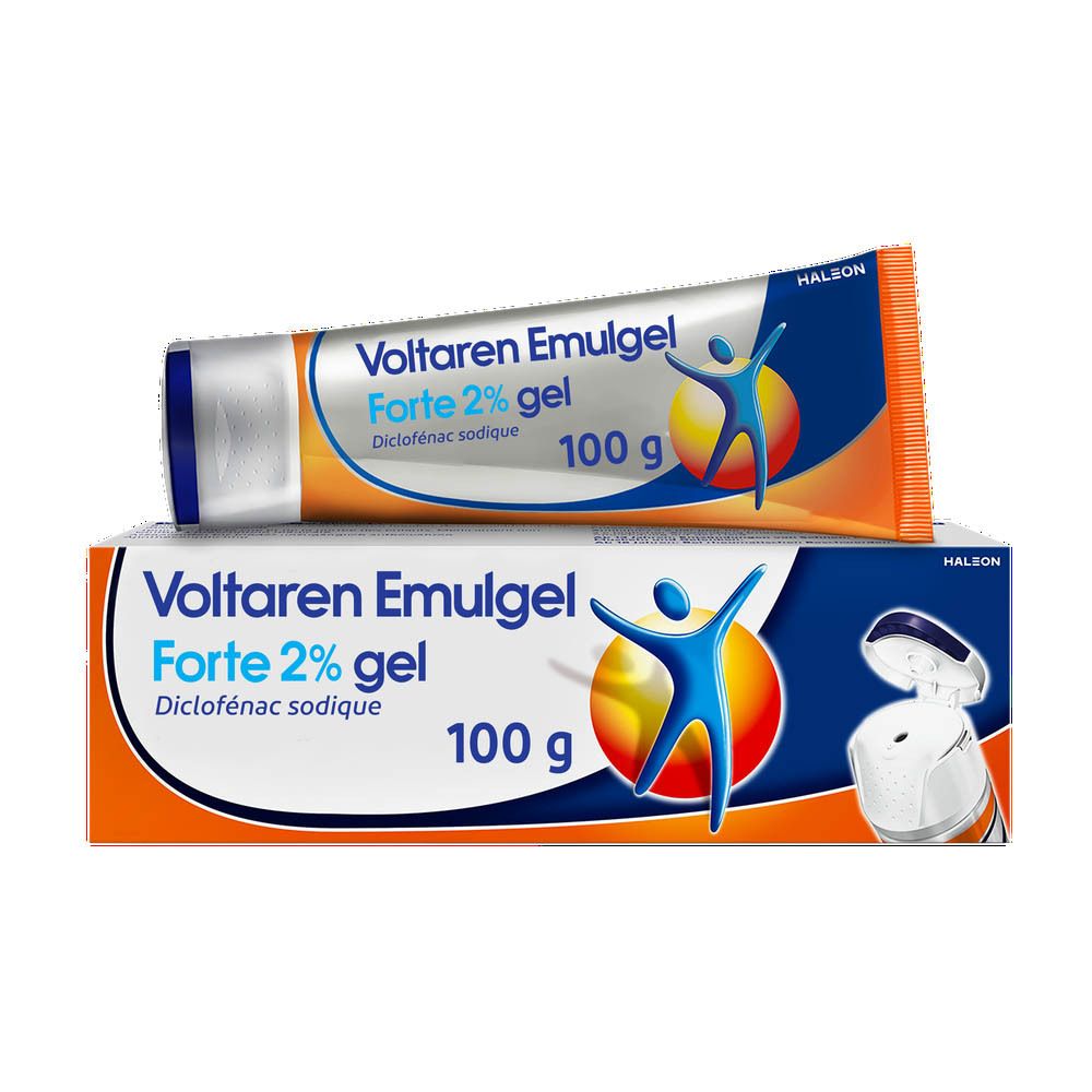 Tube et boîte Voltaren Emulgel Forte 2% gel. Contient 100g. Inscription : Diclofenac sodium.