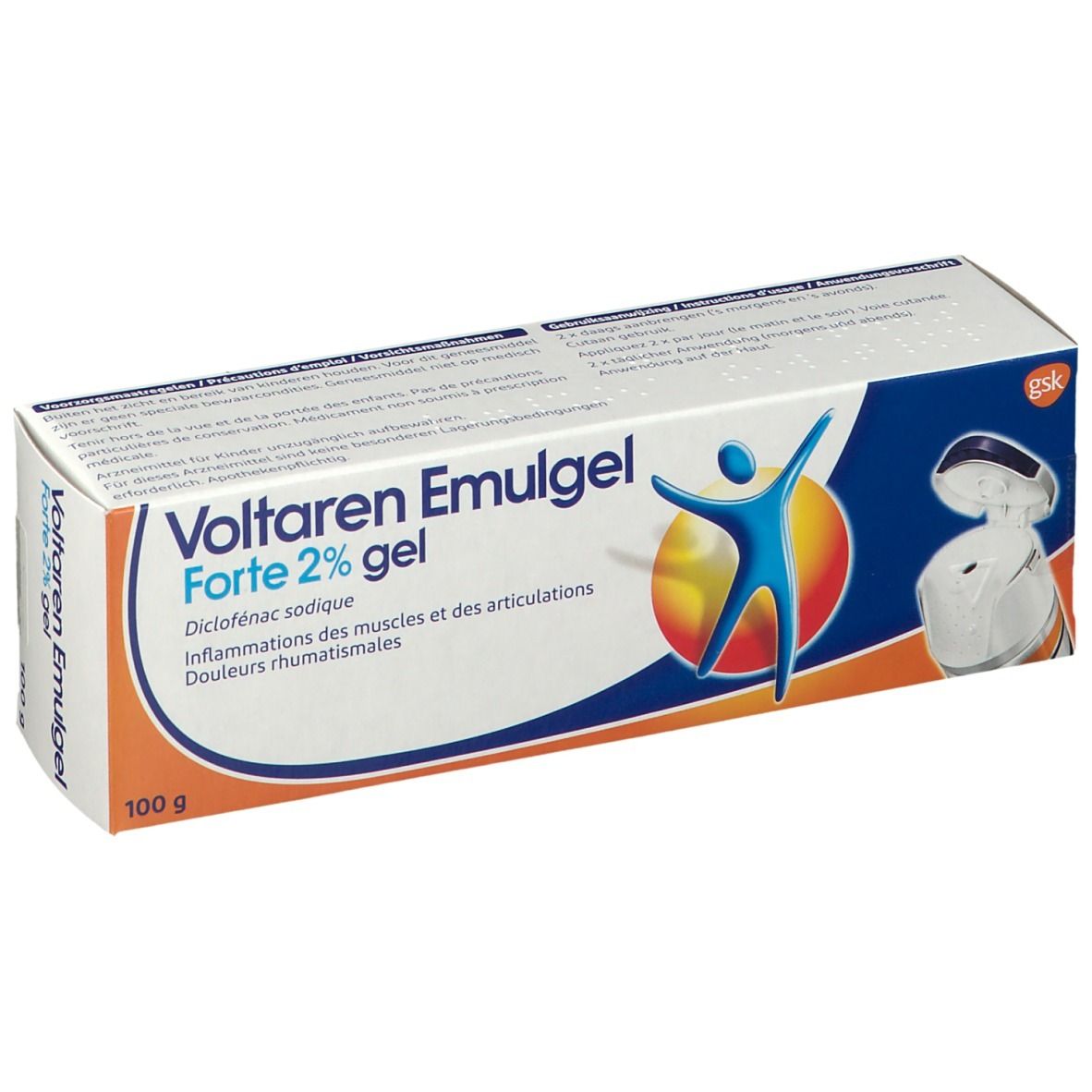 Boîte de Voltaren Emulgel Forte 2% gel. Contient 100g. Inscription : Diclofenac sodium. Pour douleurs musculaires et articulaires.