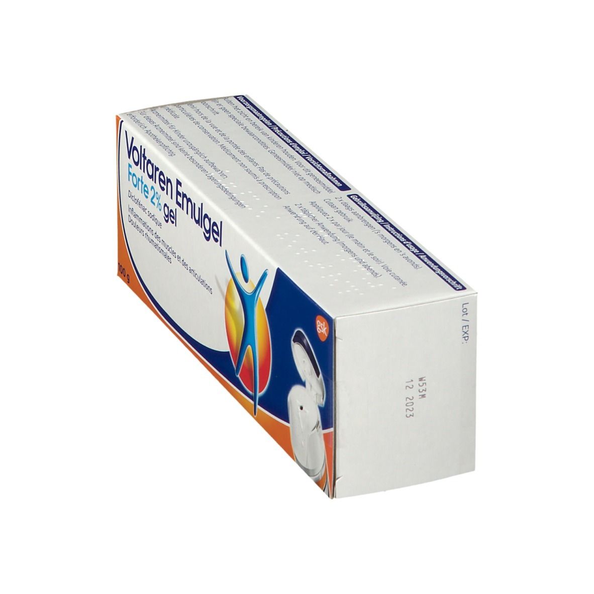 Boîte de Voltaren Emulgel Forte 2% gel. Contient 100g. Inscription : Diclofenac sodium. Pour douleurs musculaires et articulaires.
