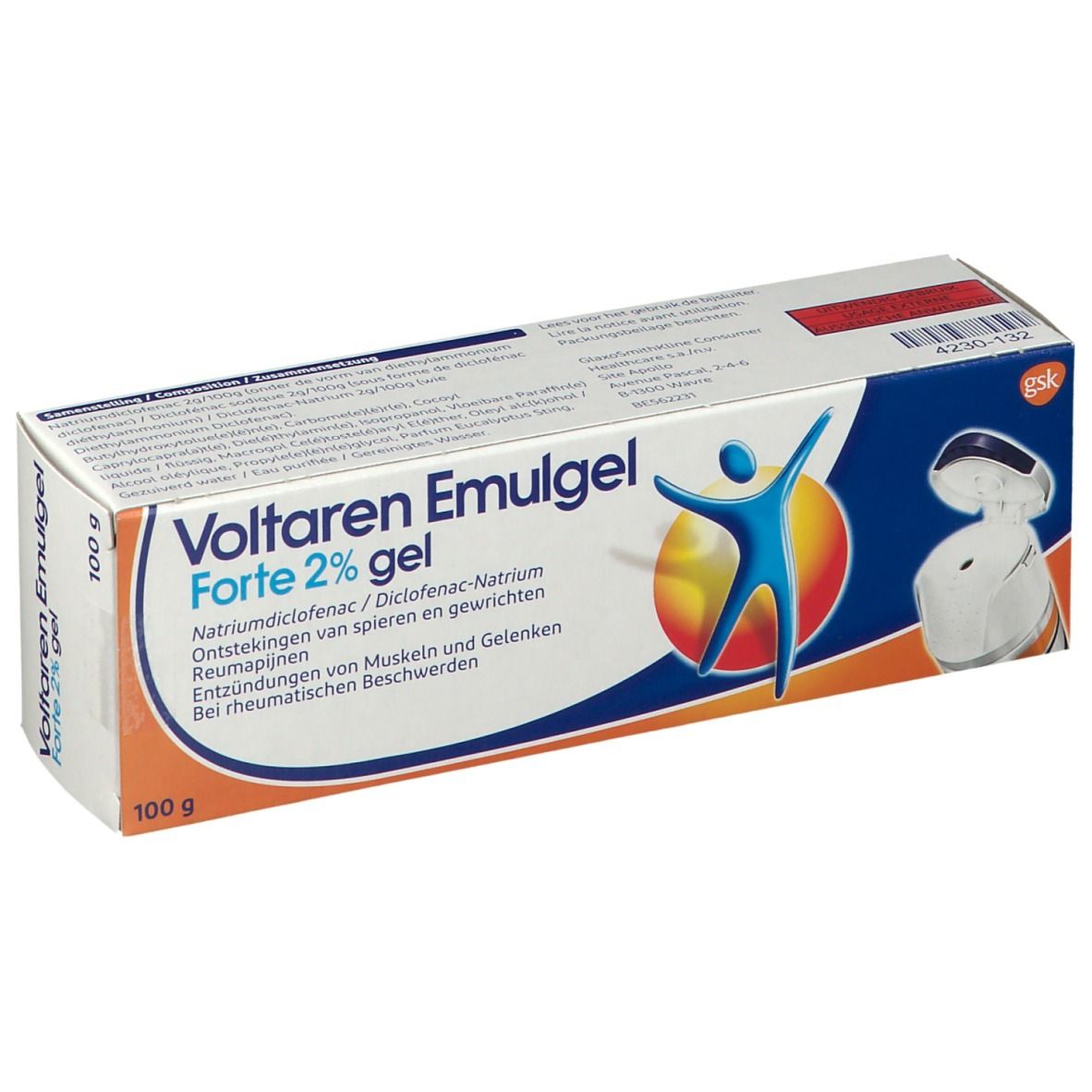Boîte de Voltaren Emulgel Forte 2% gel. Contient 100g. Inscription : Diclofenac sodium. Pour douleurs musculaires et articulaires.