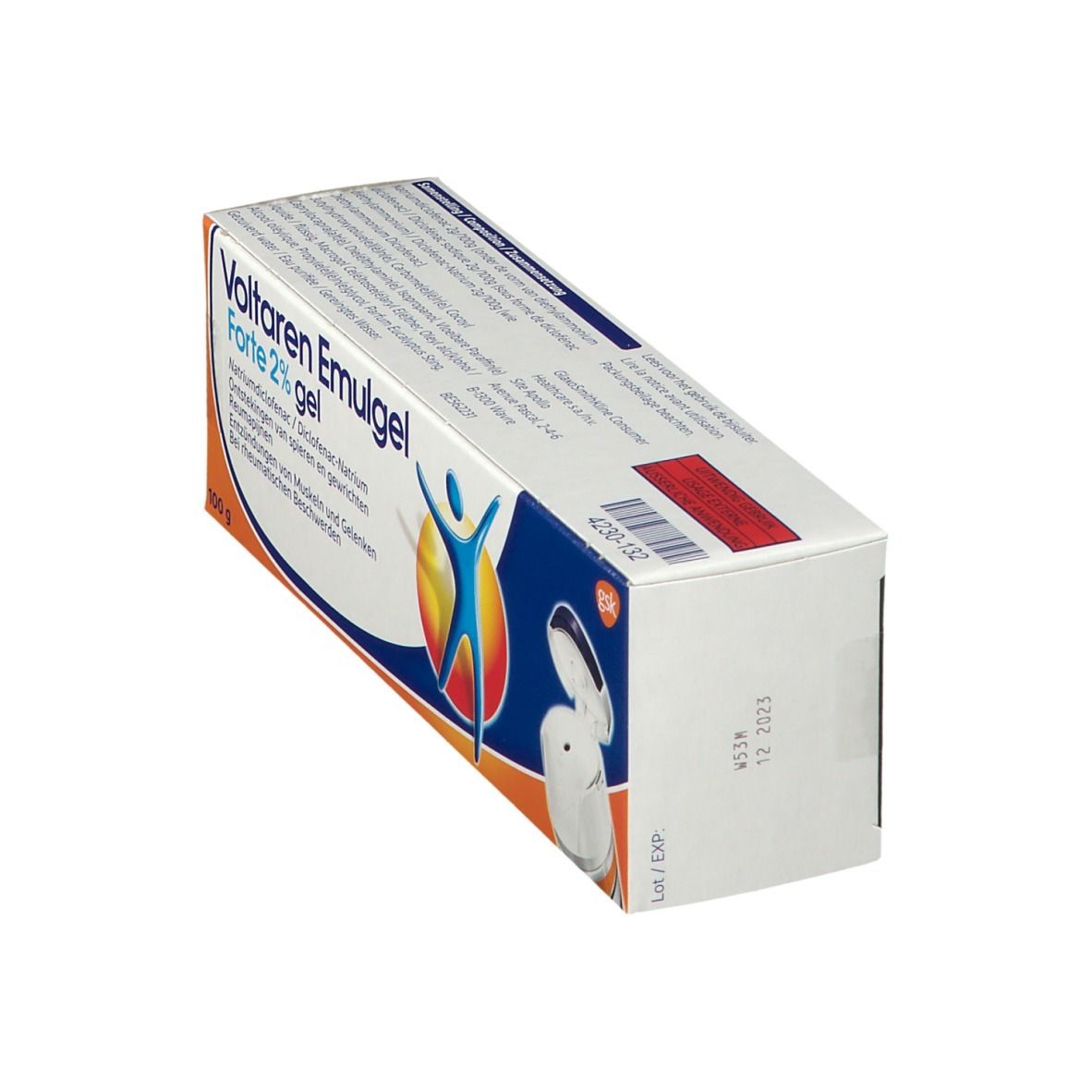 Boîte de Voltaren Emulgel Forte 2% gel. Contient 100g. Inscription : Diclofenac sodium. Pour douleurs musculaires et articulaires.