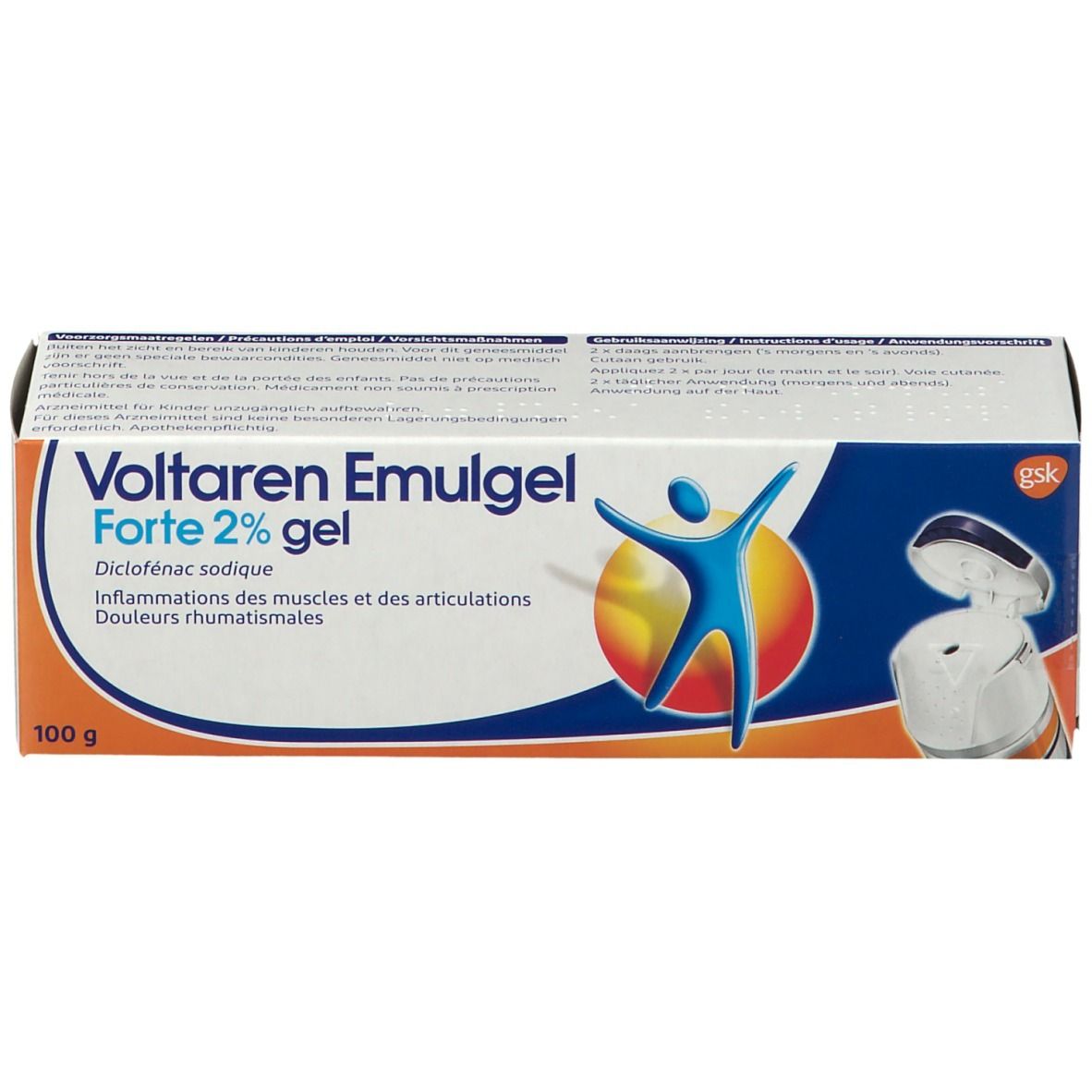 Boîte de Voltaren Emulgel Forte 2% gel. Contient 100g. Inscription : Diclofenac sodium. Pour douleurs musculaires et articulaires.