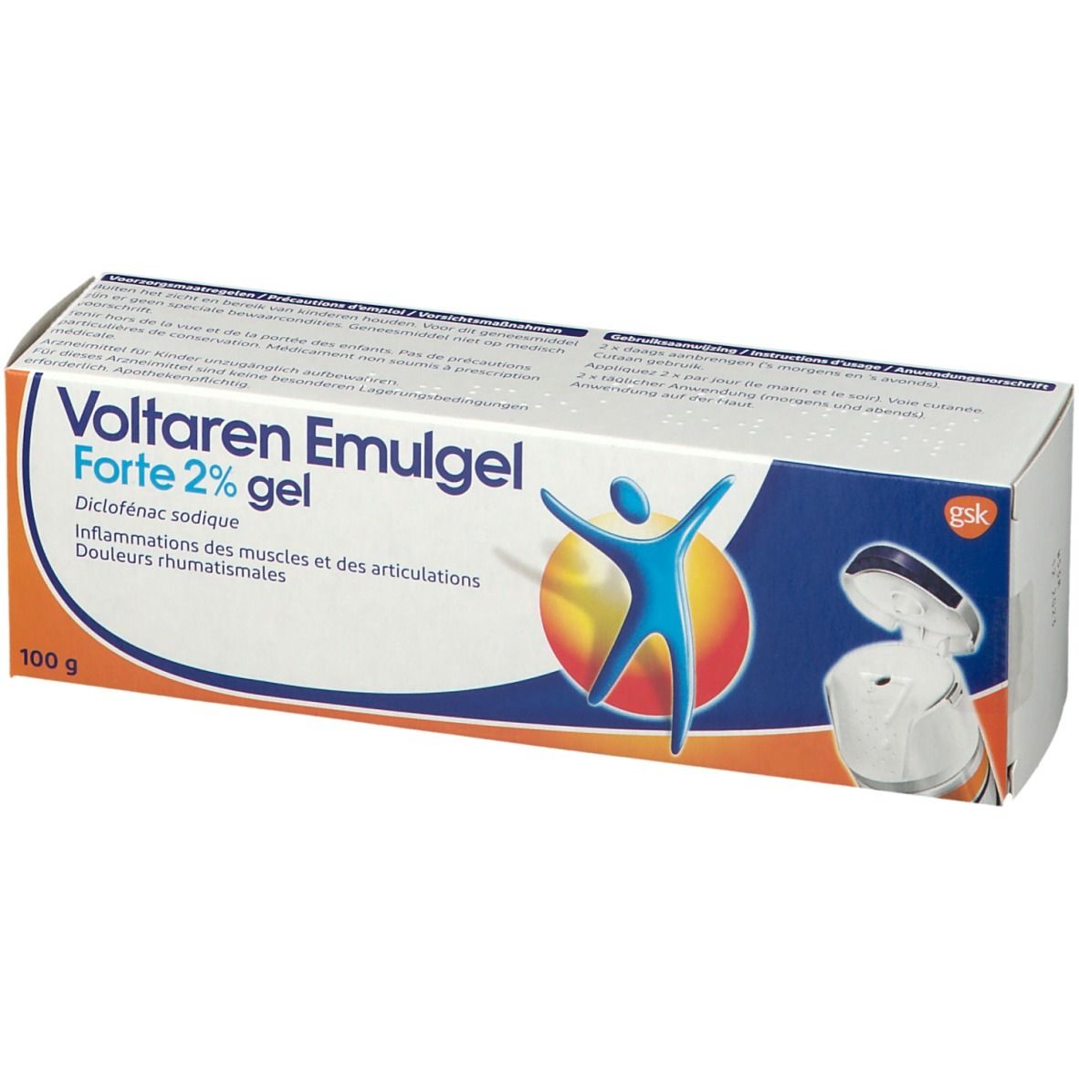 Boîte de Voltaren Emulgel Forte 2% gel. Contient 100g. Inscription : Diclofenac sodium. Pour douleurs musculaires et articulaires.