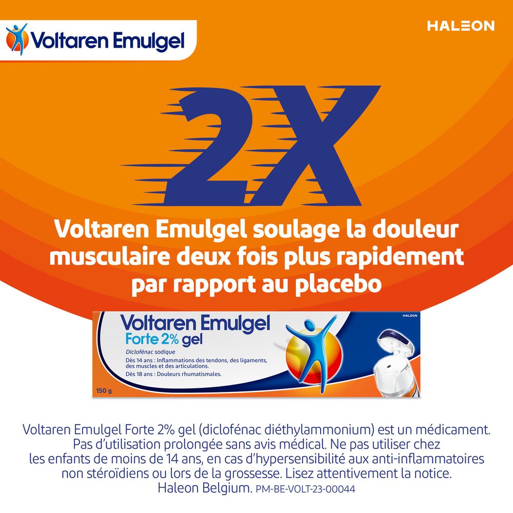Image : Voltaren Emulgel Forte 2% gel. Texte : Voltaren Emulgel soulage la douleur musculaire deux fois plus rapidement.