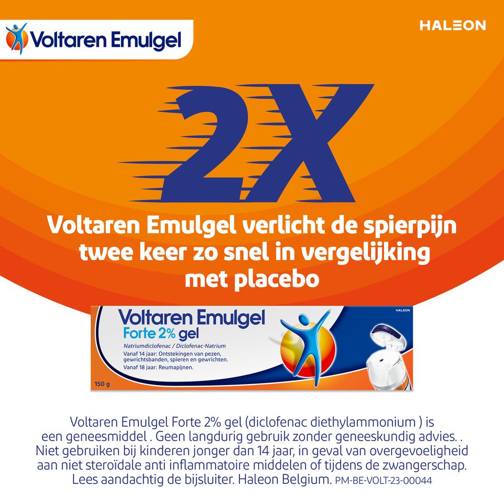 Afbeelding: Voltaren Emulgel Forte 2% gel. Tekst: Voltaren Emulgel verlicht de spierpijn twee keer zo snel.