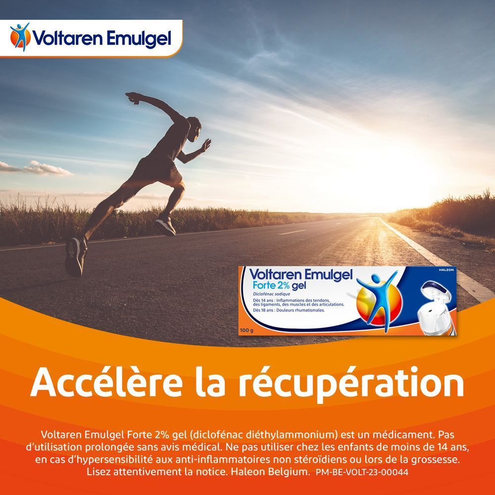 Coureur. Image : Voltaren Emulgel Forte 2% gel. Texte : Accélère la récupération.