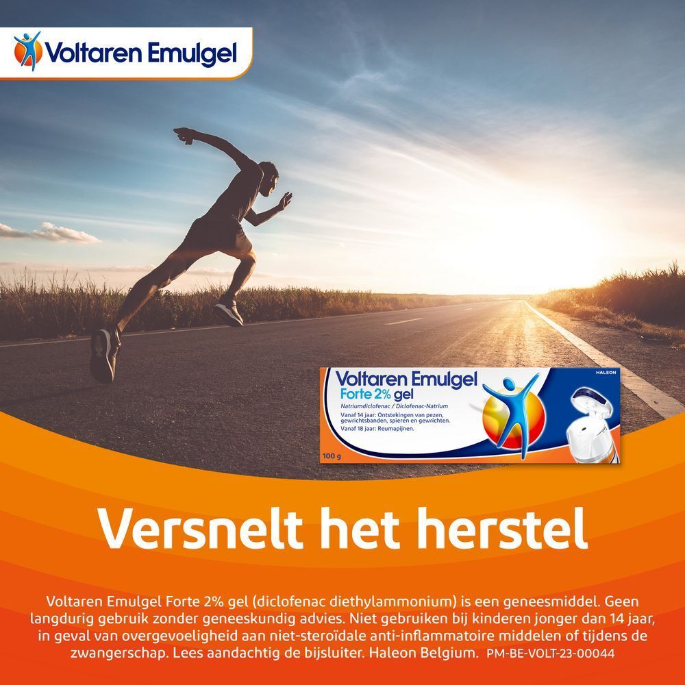 Loper. Afbeelding: Voltaren Emulgel Forte 2% gel. Tekst: Versnelt het herstel.
