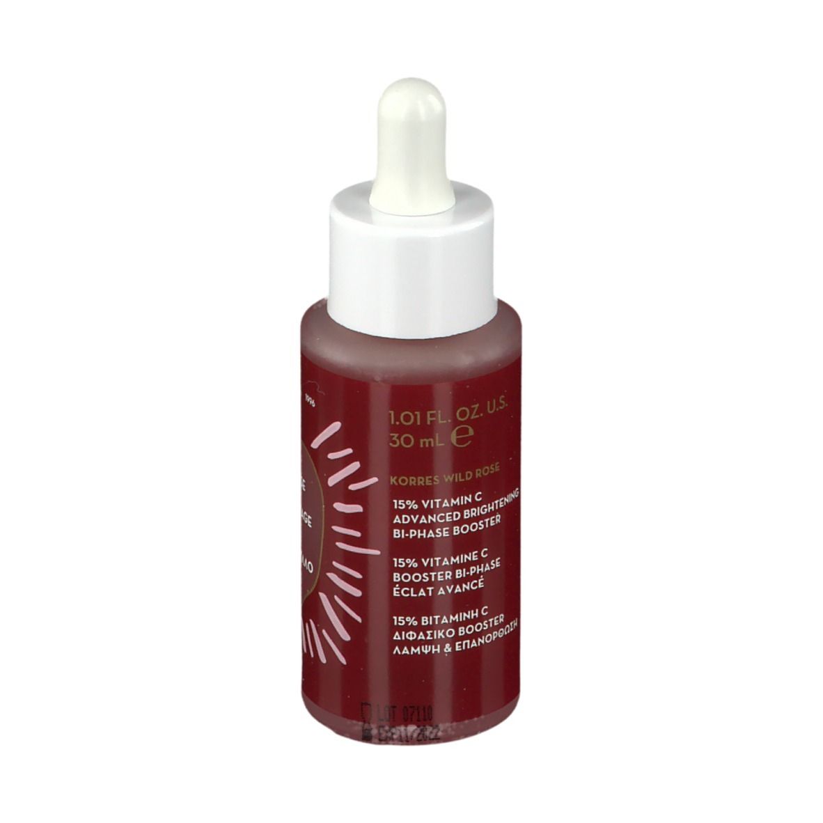 KORRES Wild Rose booster. Rode vloeistof in glazen fles met pipet. Opschrift: 15% Vitamine C, Advanced Brightening Bi-Phase Booster.