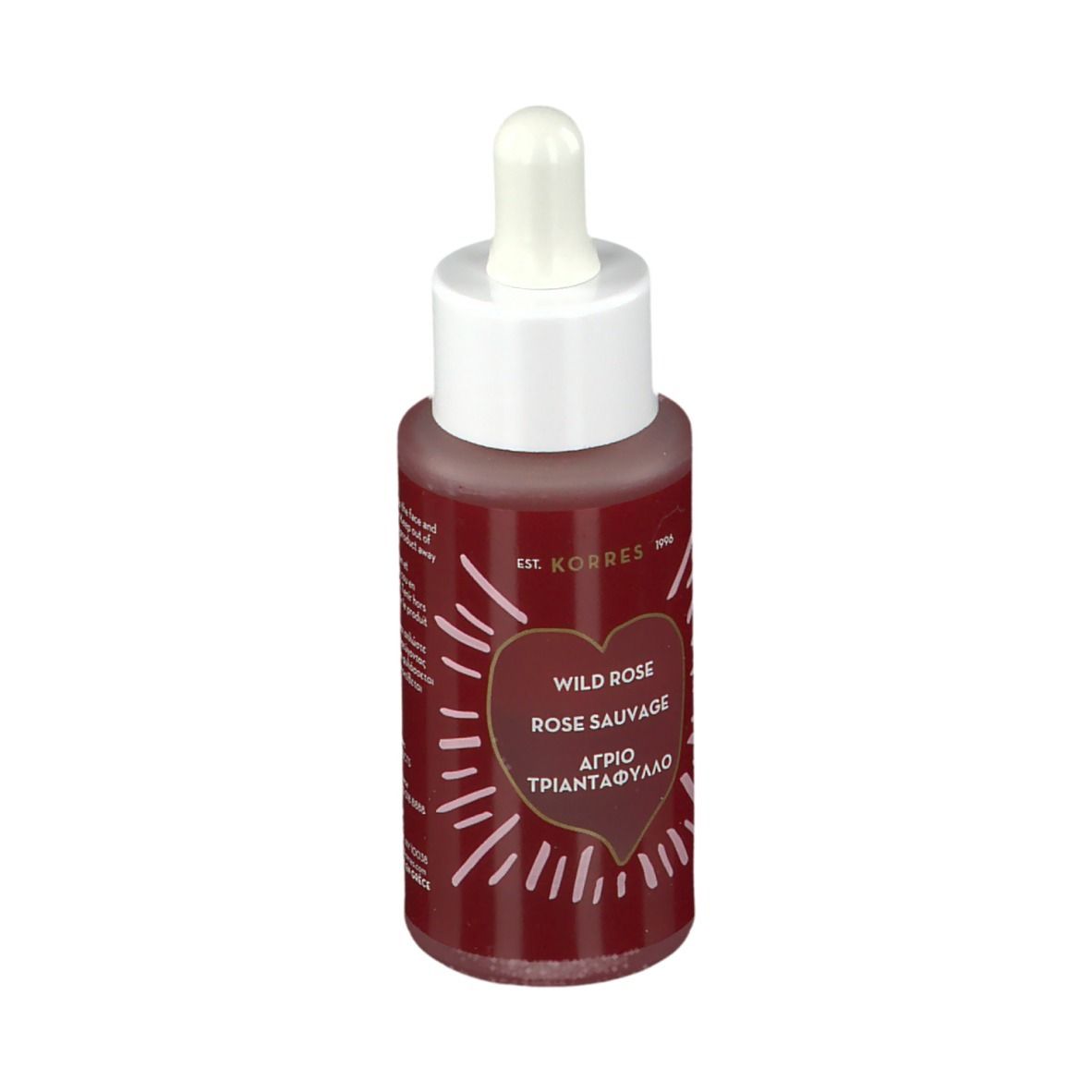 KORRES Wild Rose booster. Rode vloeistof in glazen fles met pipet. Opschrift: Wild Rose, Rose Sauvage, Αγριο Τριαντάφυλλο.