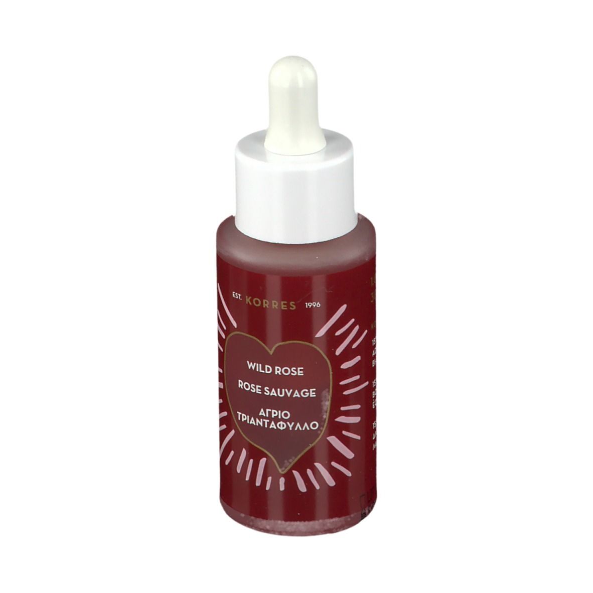 KORRES Wild Rose booster. Rode vloeistof in glazen fles met pipet. Opschrift: Wild Rose, Rose Sauvage, Αγριο Τριαντάφυλλο.