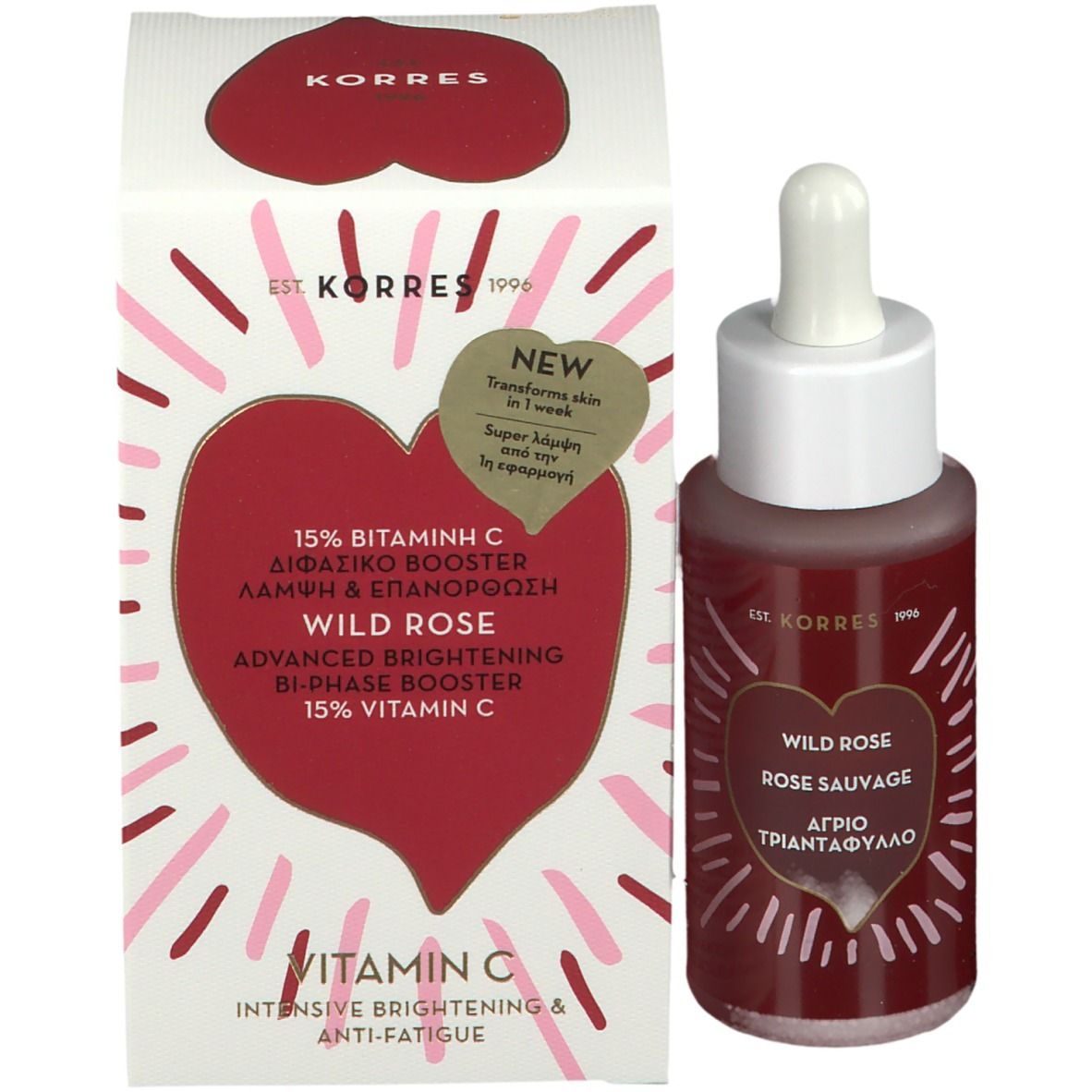 KORRES Wild Rose booster en verpakking. Fles met pipet en doos. Opschrift: 15% Vitamine C, Wild Rose, Advanced Brightening.