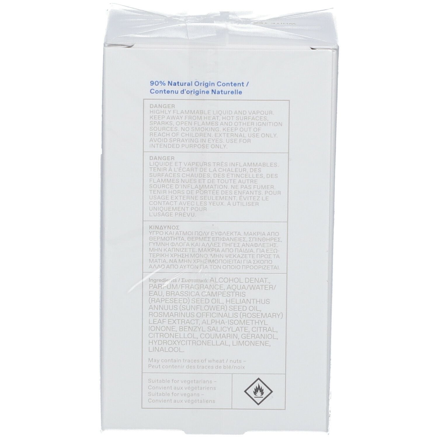 Achterkant van de witte doos. Tekst met ingrediënten en waarschuwingen. 80% natuurlijke oorsprong.