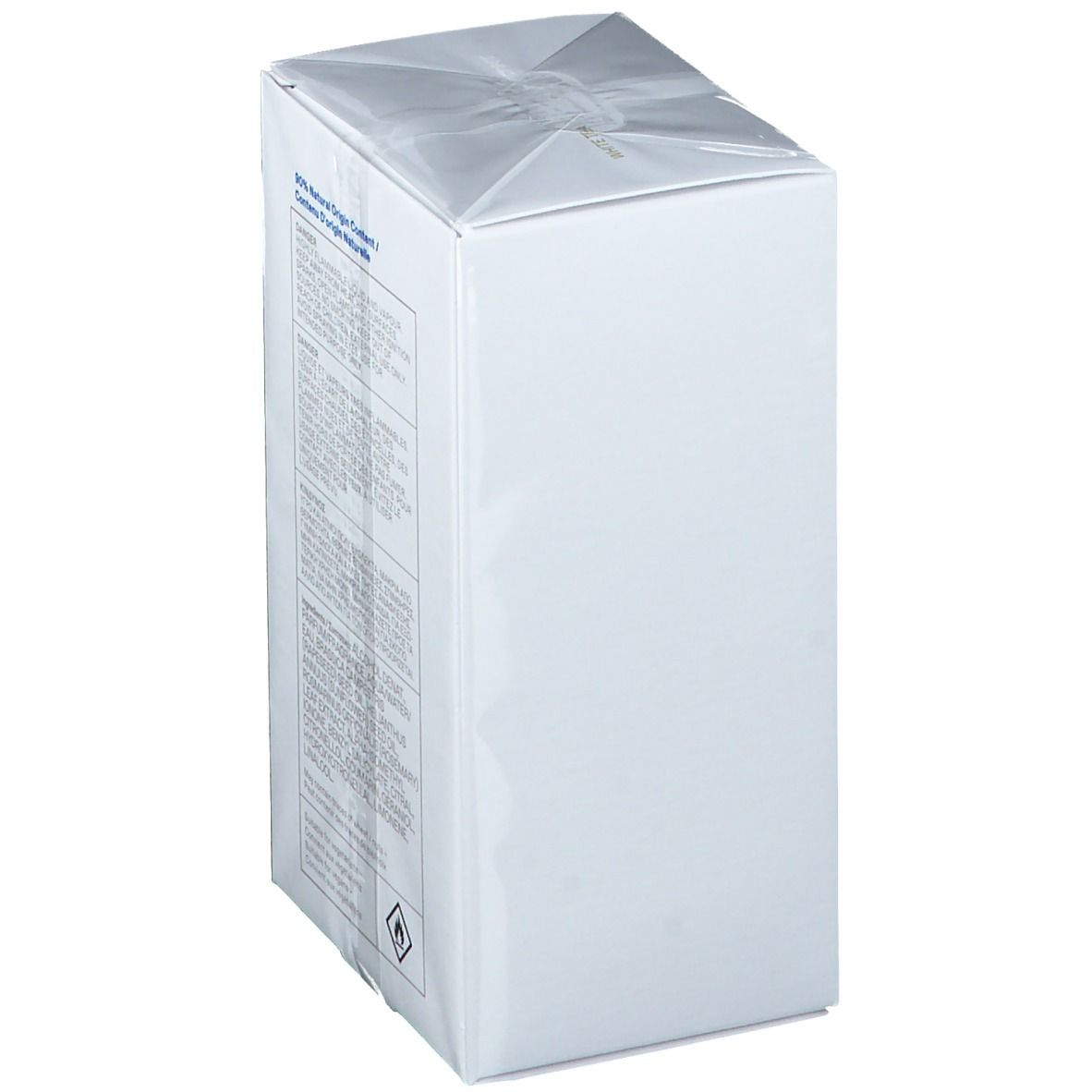 Schuine weergave van de witte doos. Tekst met ingrediënten en waarschuwingen. 80% natuurlijke oorsprong.