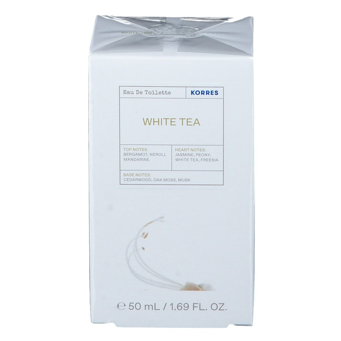 Witte doos met productinformatie. Opschrift: KORRES Eau de Toilette White Tea. 50 ml / 1.69 FL. OZ.