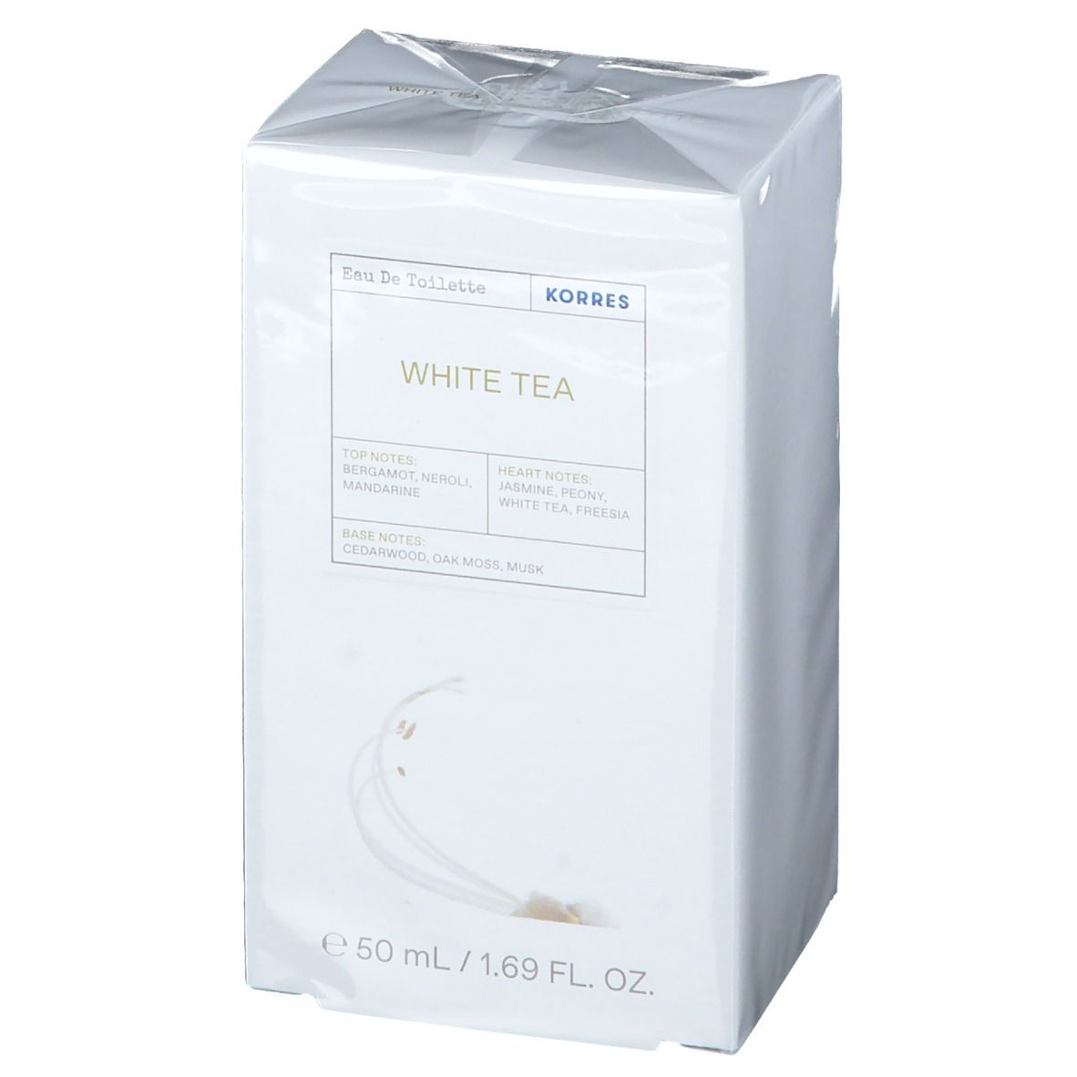 Witte doos met productinformatie. Opschrift: KORRES Eau de Toilette White Tea. 50 ml / 1.69 FL. OZ.