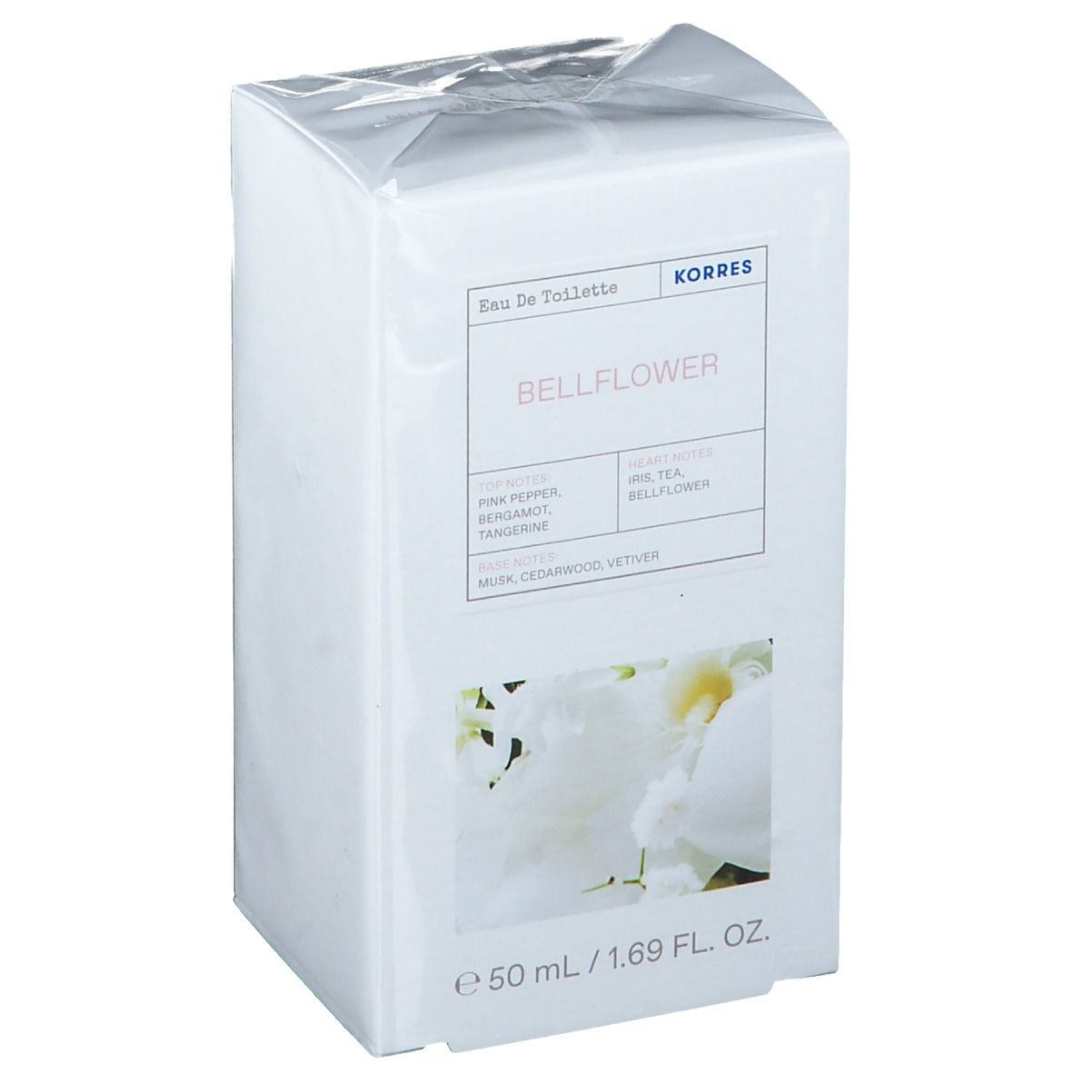 Witte verpakking van KORRES Eau de Toilette Bellflower. Opschrift: Bellflower, ingrediënten, 50 ml / 1.69 fl. oz. Afbeelding van witte bloemen.