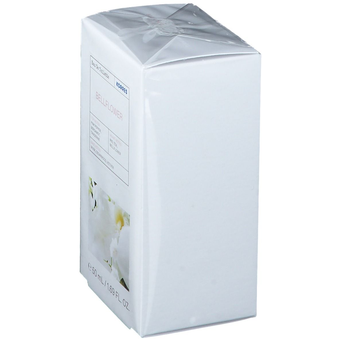 KORRES Eau de Toilette Bellflower, witte verpakking. Opschrift: Bellflower, ingrediënten, 50 ml / 1.69 fl. oz. Afbeelding van witte bloemen.