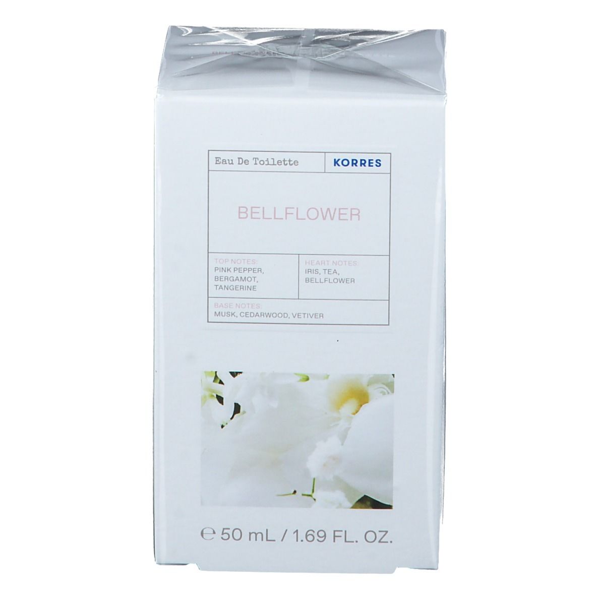 Witte verpakking van KORRES Eau de Toilette Bellflower. Opschrift: Bellflower, ingrediënten, 50 ml / 1.69 fl. oz. Afbeelding van witte bloemen.