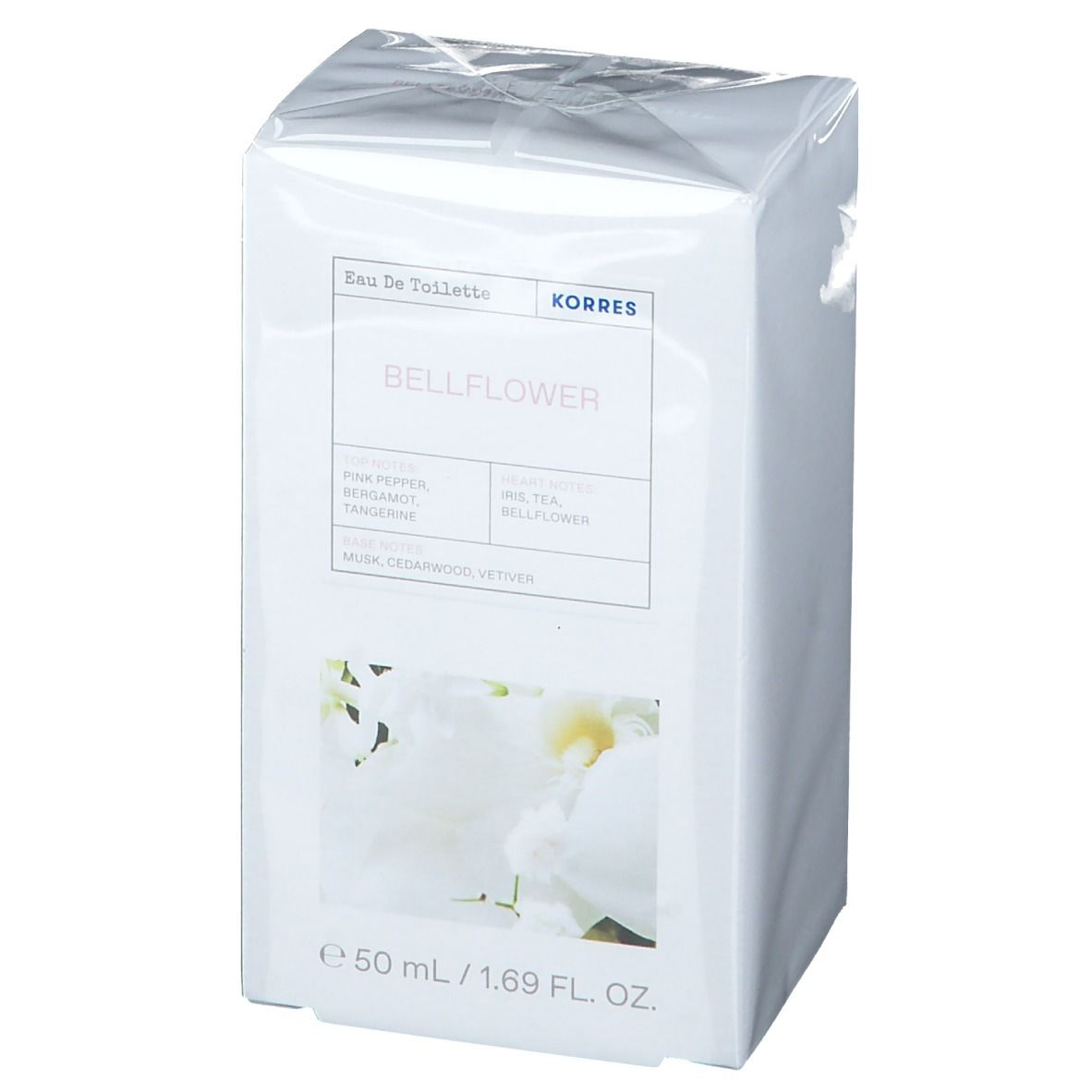 Witte verpakking van KORRES Eau de Toilette Bellflower. Opschrift: Bellflower, ingrediënten, 50 ml / 1.69 fl. oz. Afbeelding van witte bloemen.
