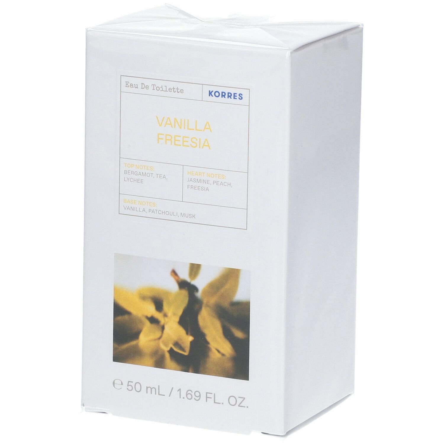 Witte verpakking met productnaam en bloemmotief. Vierkante vorm. Tekst: Eau de Toilette, KORRES, VANILLA FREESIA.