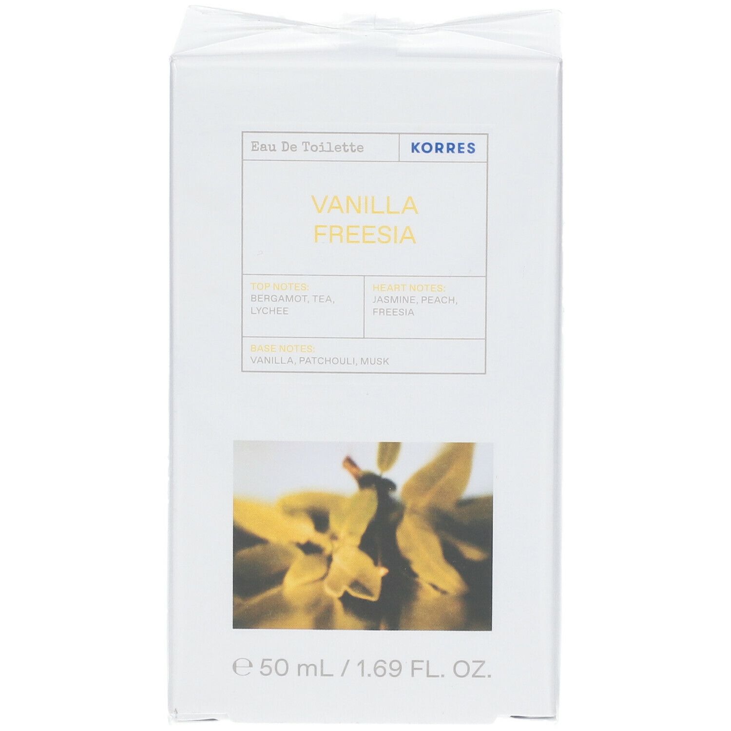 Witte verpakking, vierkant. Productnaam en bloemmotief. Tekst: Eau de Toilette, KORRES, VANILLA FREESIA.