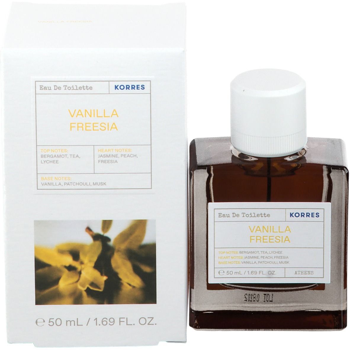 Fles en verpakking. Vierkante fles, amberkleurig. Witte verpakking, met productnaam en bloemmotief.