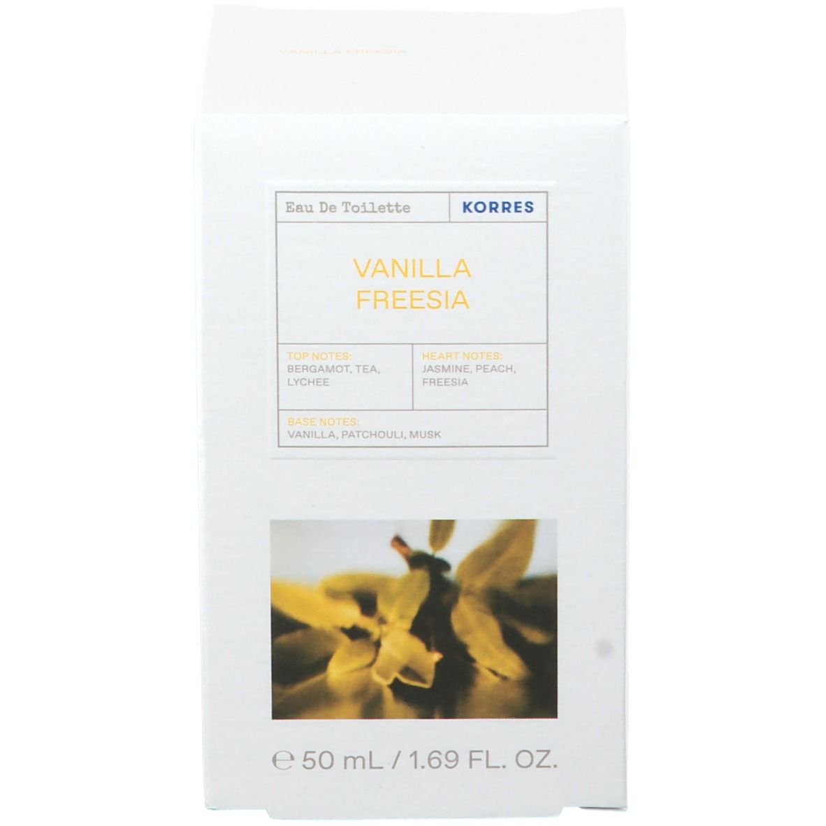 Witte verpakking, vierkant. Productnaam en bloemmotief. Tekst: Eau de Toilette, KORRES, VANILLA FREESIA.