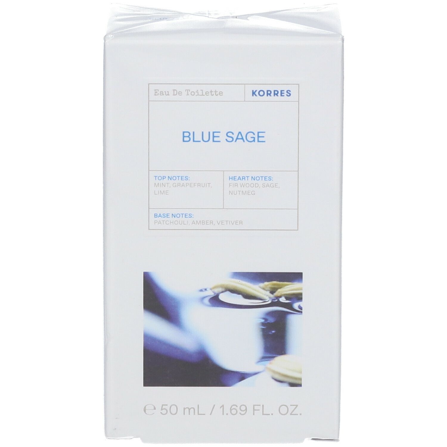 KORRES Eau de Toilette verpakking. Wit, met productnaam en ingrediënten. Afbeelding van zaden in water.