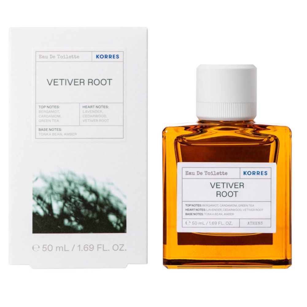 Flacon KORRES Eau de Toilette Vetiverwurzel et emballage. Flacon carré ambré. Emballage blanc avec texte.
