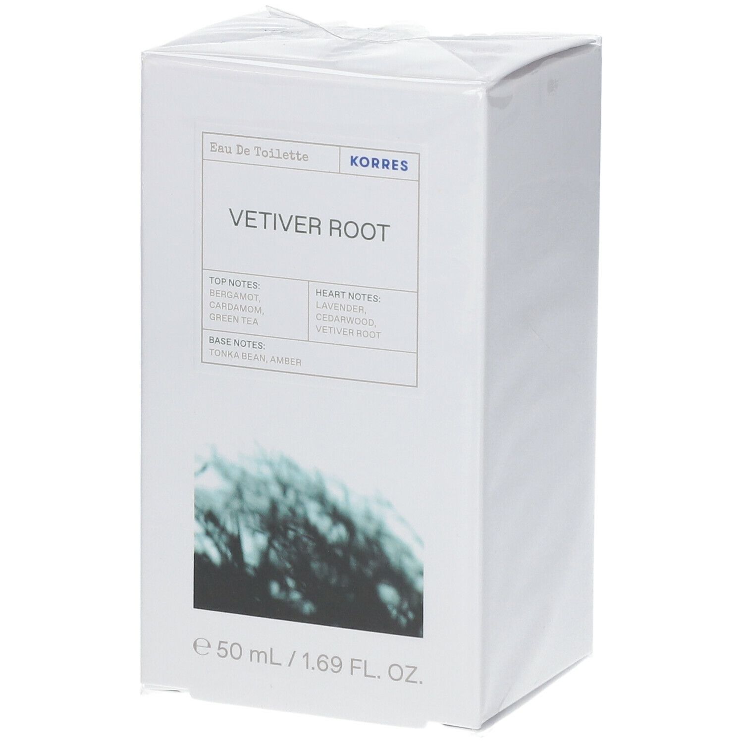 Emballage blanc pour KORRES Eau de Toilette Vetiverwurzel. Texte avec notes et marque. 50 ml / 1,69 fl. oz.