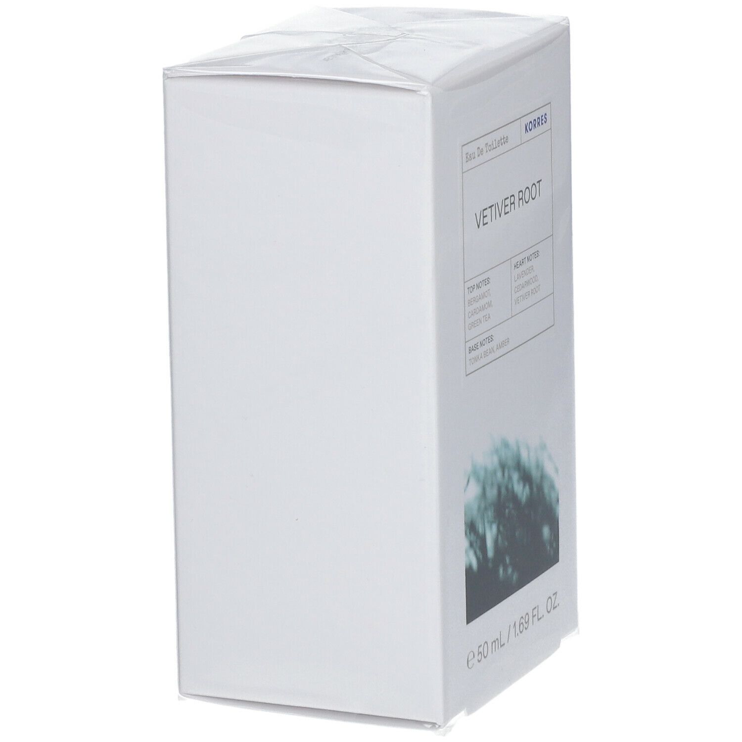 Emballage blanc pour KORRES Eau de Toilette Vetiverwurzel. Texte avec notes et marque. 50 ml / 1,69 fl. oz.
