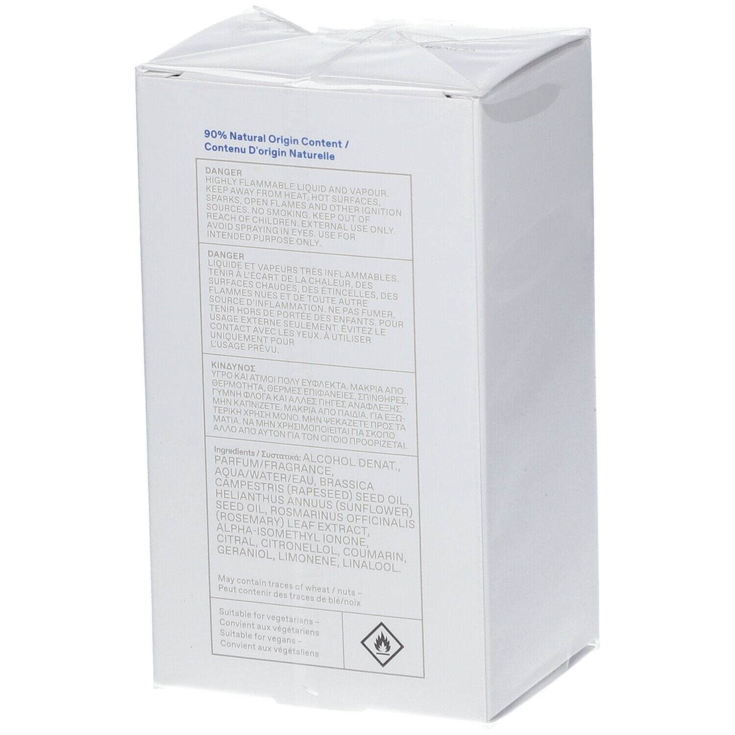 Emballage blanc KORRES Eau de Toilette Vetiverwurzel. Dos avec texte. 90% origine naturelle. Symbole de danger.