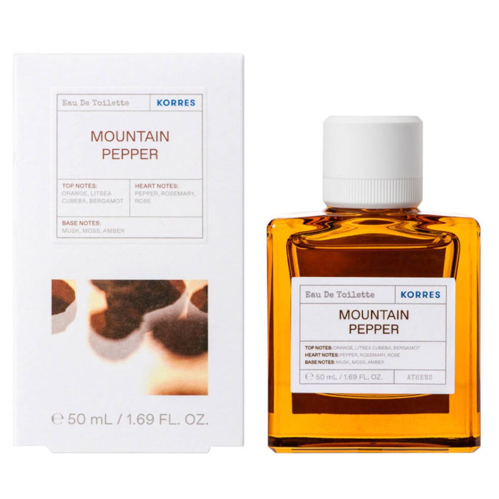KORRES Eau de Toilette, vierkante fles met witte dop en verpakking. Opschrift: Mountain Pepper. Inhoud 50 ml.