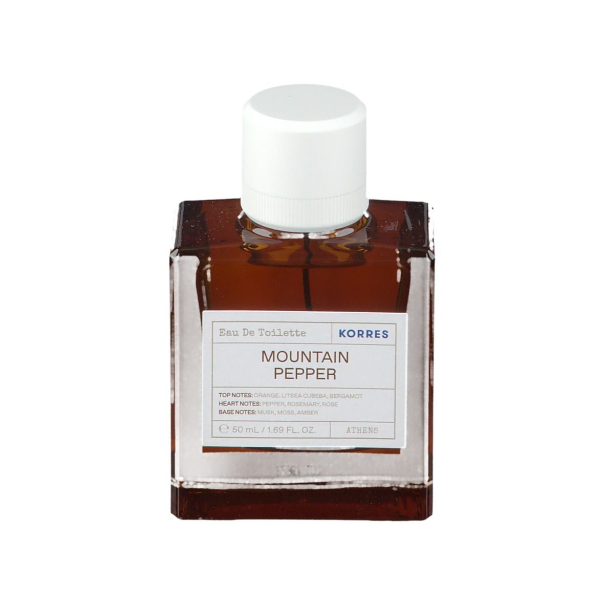 KORRES Eau de Toilette, vierkante fles met witte dop. Opschrift: Mountain Pepper. Inhoud 50 ml.