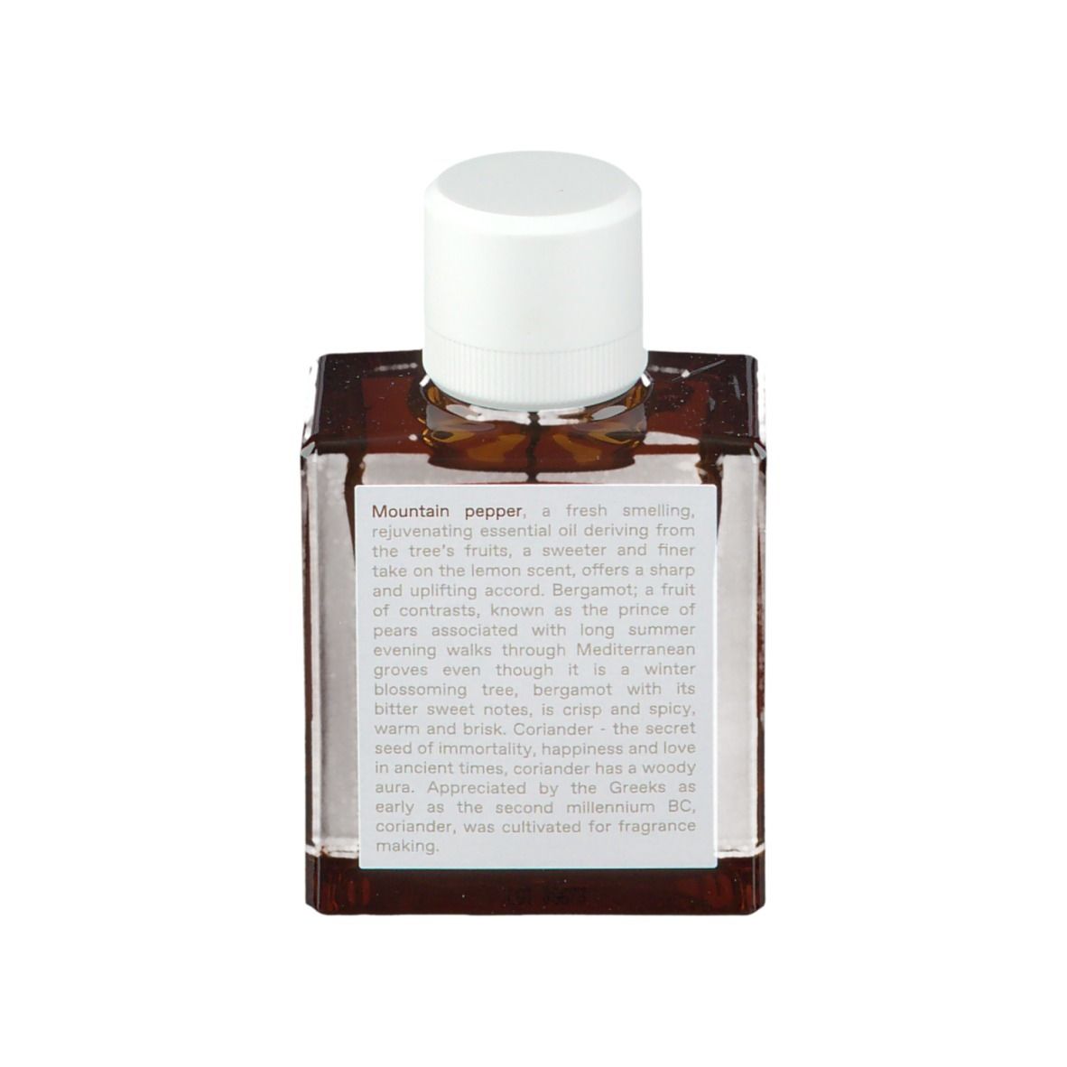 KORRES Eau de Toilette, vierkante fles, achterkant met tekst. Opschrift: Mountain Pepper. Inhoud 50 ml.