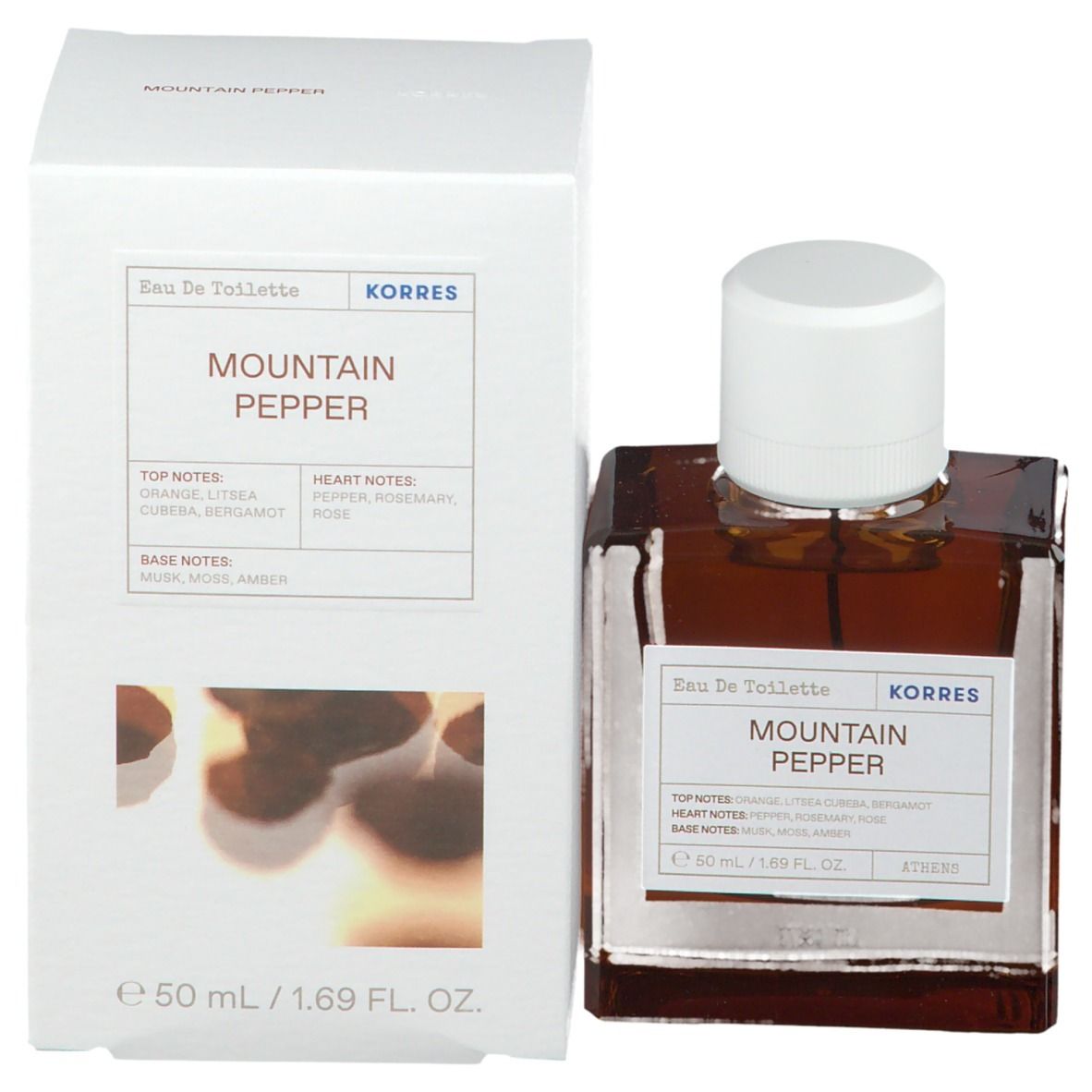 KORRES Eau de Toilette, vierkante fles met witte dop en verpakking. Opschrift: Mountain Pepper. Inhoud 40 ml.
