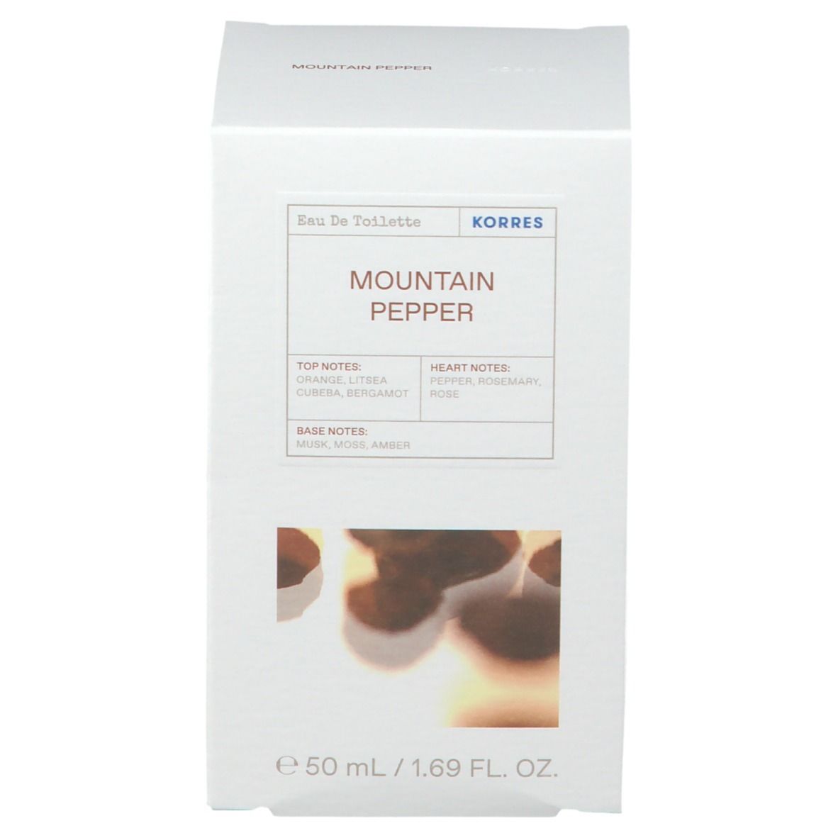 Verpakking KORRES Eau de Toilette met opschrift: Mountain Pepper. Inhoud 50 ml.