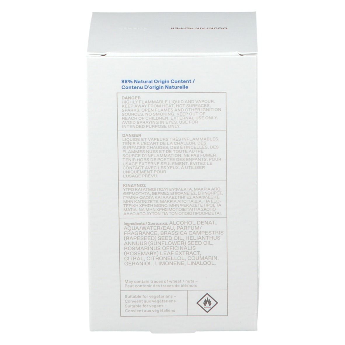 KORRES Eau de Toilette, verpakking, achterkant met tekst. Ingrediënten en waarschuwingen.