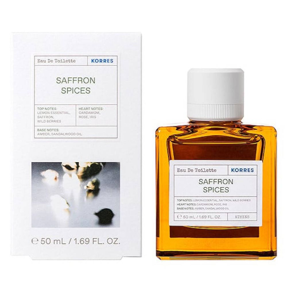 KORRES Eau de Toilette Safran. Vierkante fles en verpakking. Opschrift: Saffron Spices, 50 ml.