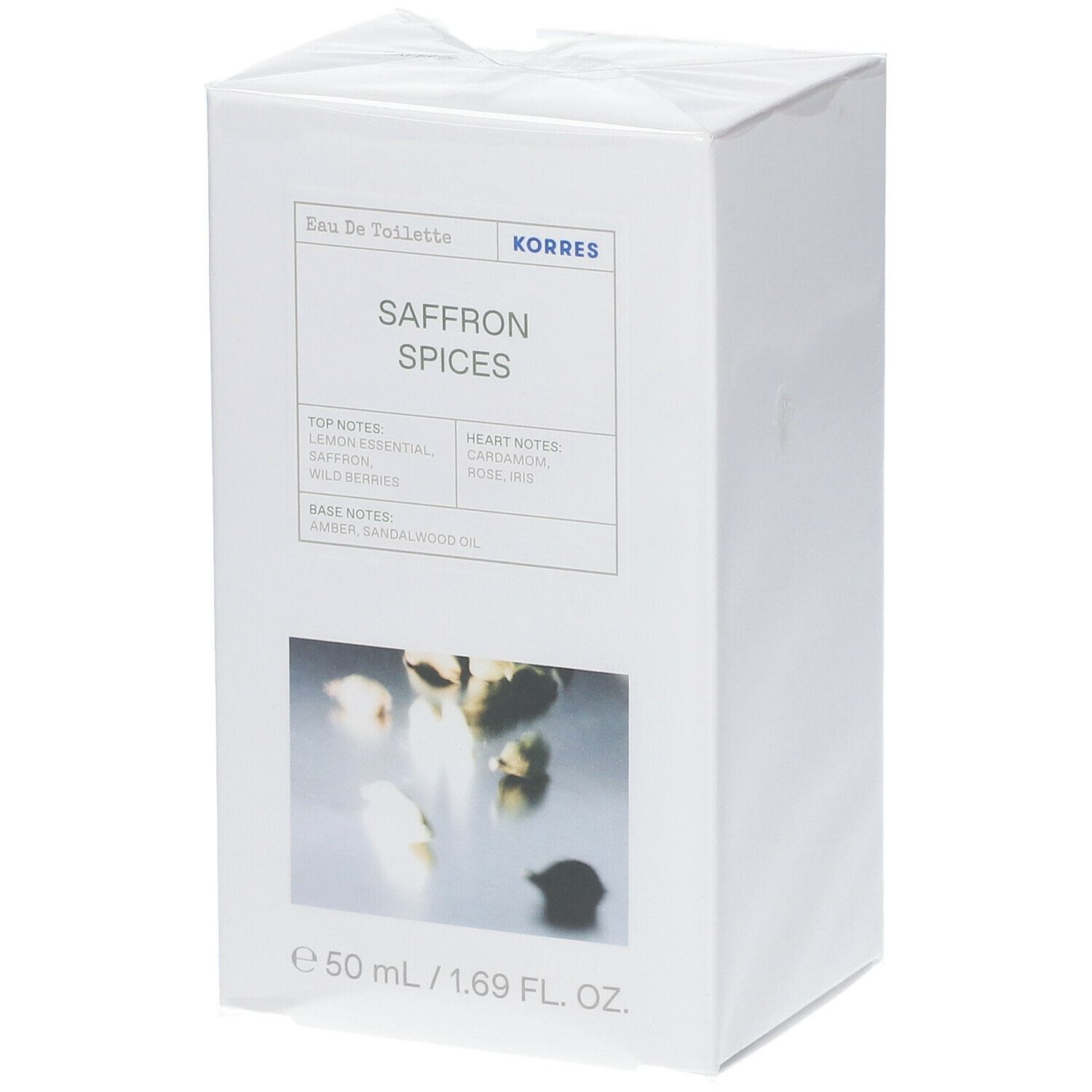 KORRES Eau de Toilette Safran. Witte verpakking. Opschrift: Saffron Spices, 50 ml.