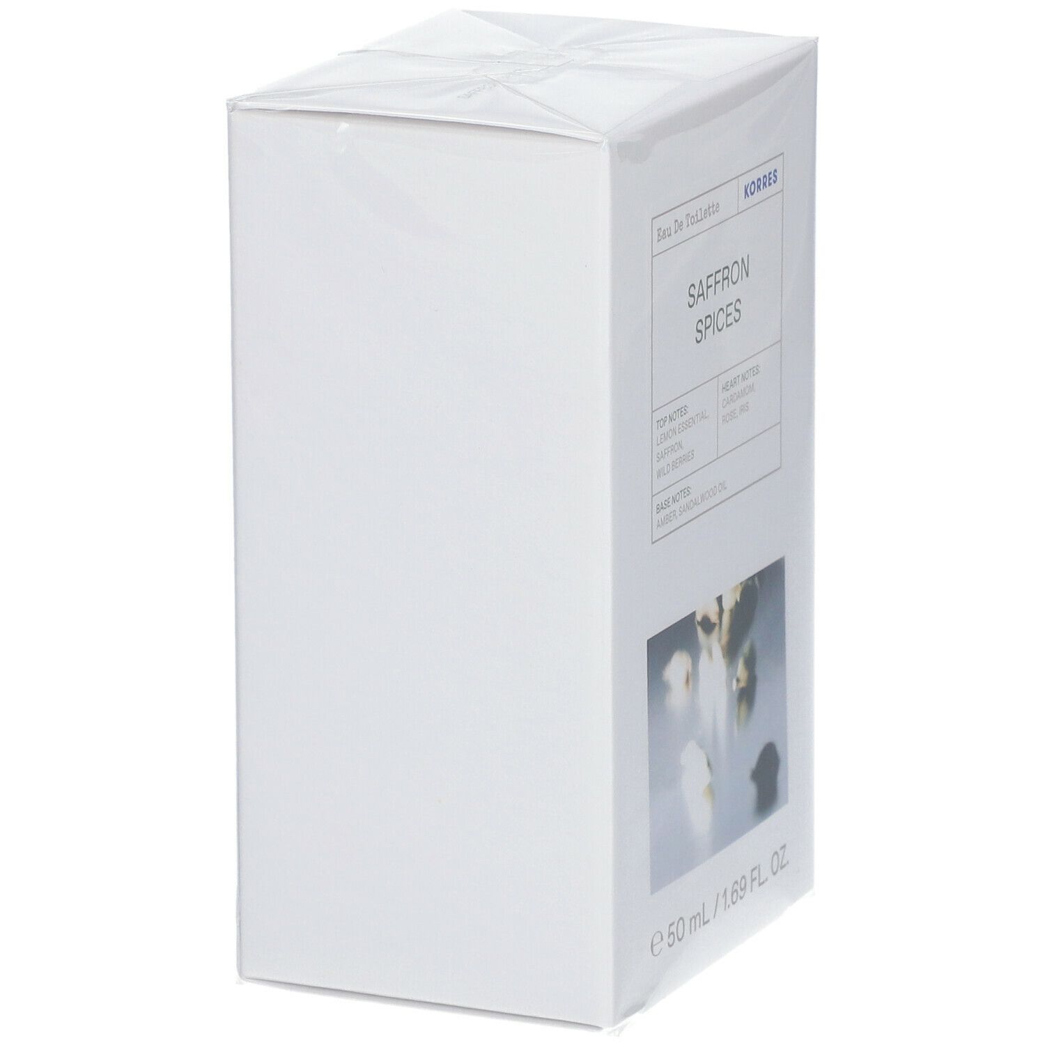 KORRES Eau de Toilette Safran. Witte verpakking. Opschrift: Saffron Spices, 50 ml.