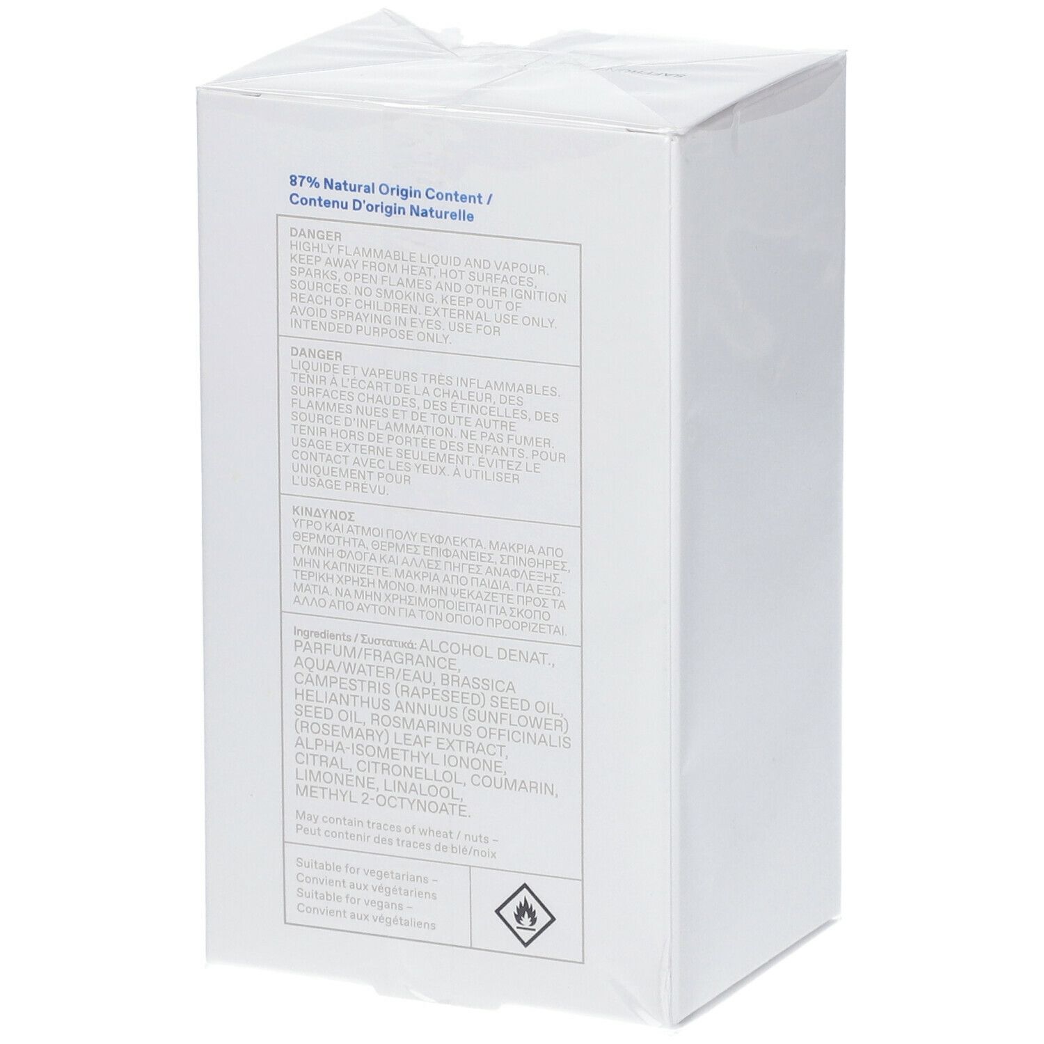 KORRES Eau de Toilette Safran. Witte verpakking met tekst. Opschrift: 87% Natural Origin Content.