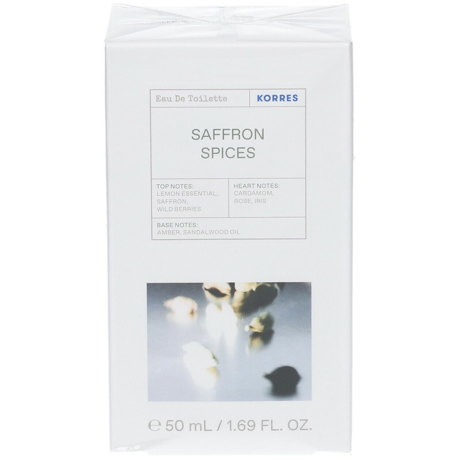 KORRES Eau de Toilette Safran. Witte verpakking. Opschrift: Saffron Spices, 50 ml.
