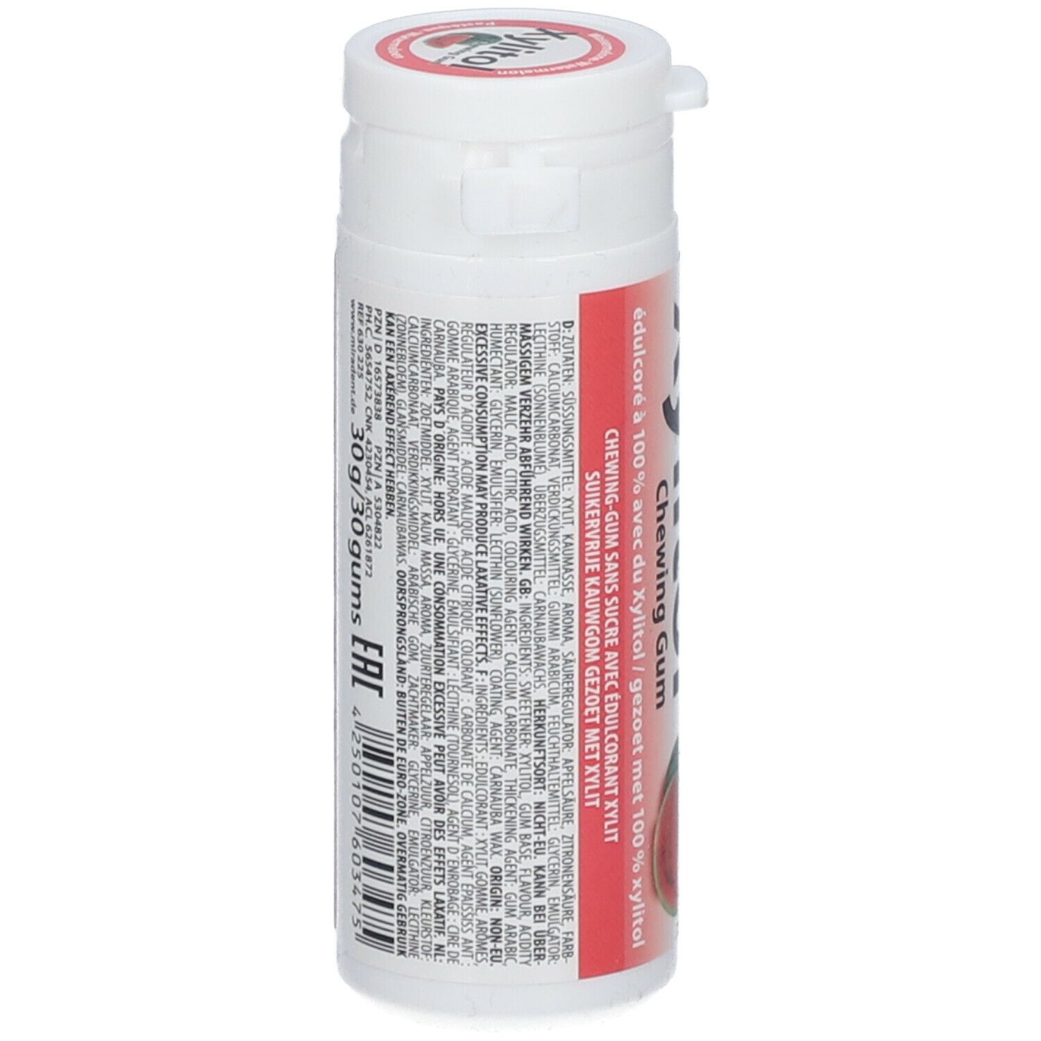 Weiße, zylindrische Dose mit roter Beschriftung. Rückseite mit Inhaltsstoffen und Herstellerinformationen. Enthält 30g/30gums.